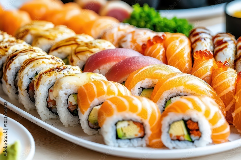 Colorful sushi platter with various rolls and fresh garnishes. Colorful sushi platter with various rolls and fresh garnishes.