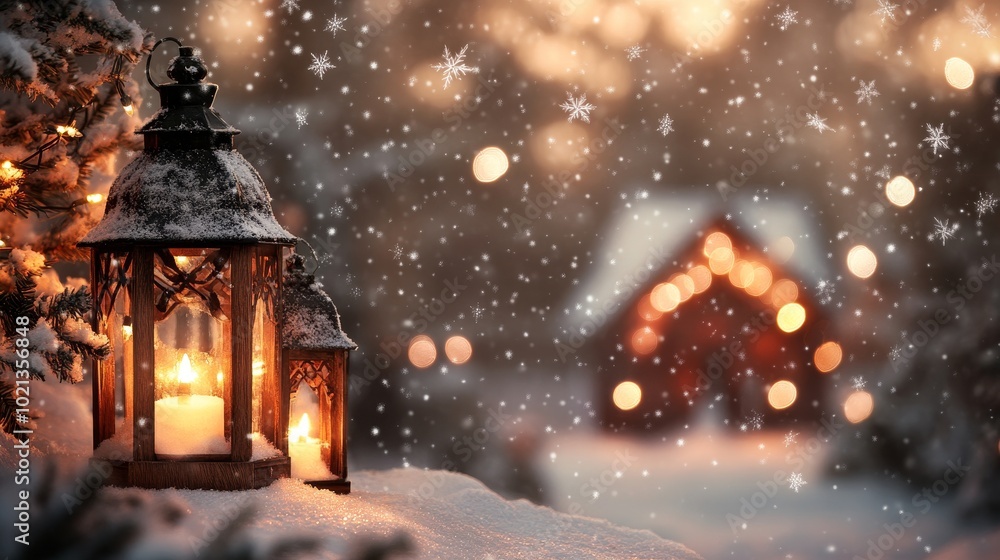 Warm Lantern Light Flickering Against Falling Snow Near a Cozy Cabin in a Winter Wonderland at Dusk Warm Lantern Light Flickering Against Falling Snow Near a Cozy Cabin in a Winter Wonderland at Dusk