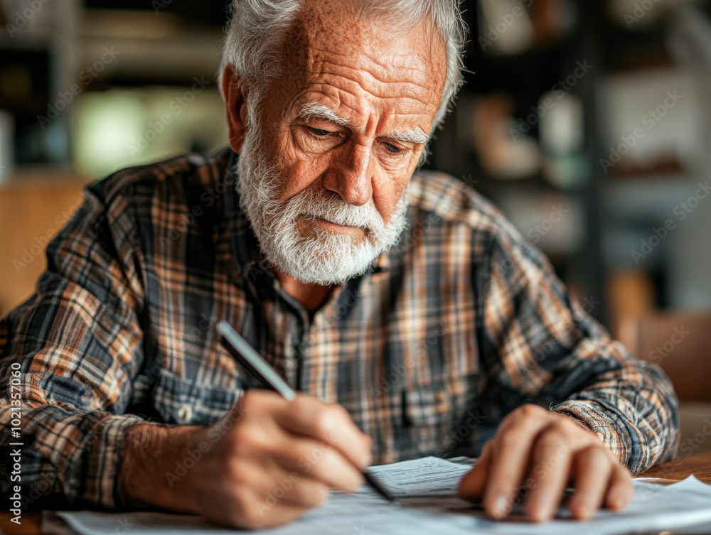An older man is writing on a piece of paper with a pen An older man is writing on a piece of paper with a pen
