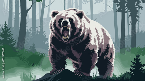 A bear roaring in a misty forest, its powerful presence dominating the scene.