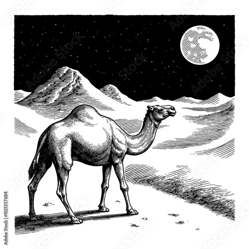 Black and White Outline Line Art Drawing of a Camel in the Desert at Night with Moon and Stars