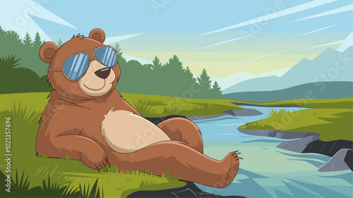 A bear wearing aviator sunglasses, lounging by a river, enjoying the serene landscape with a relaxed expression.