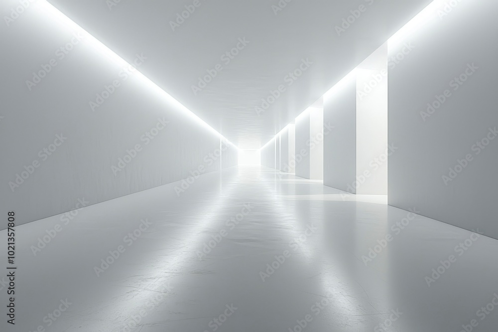 Obraz premium A Long White Corridor with Bright Overhead Lights