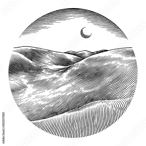 Black and White Outline Line Art Drawing of Desert Landscape with Dunes and Moon