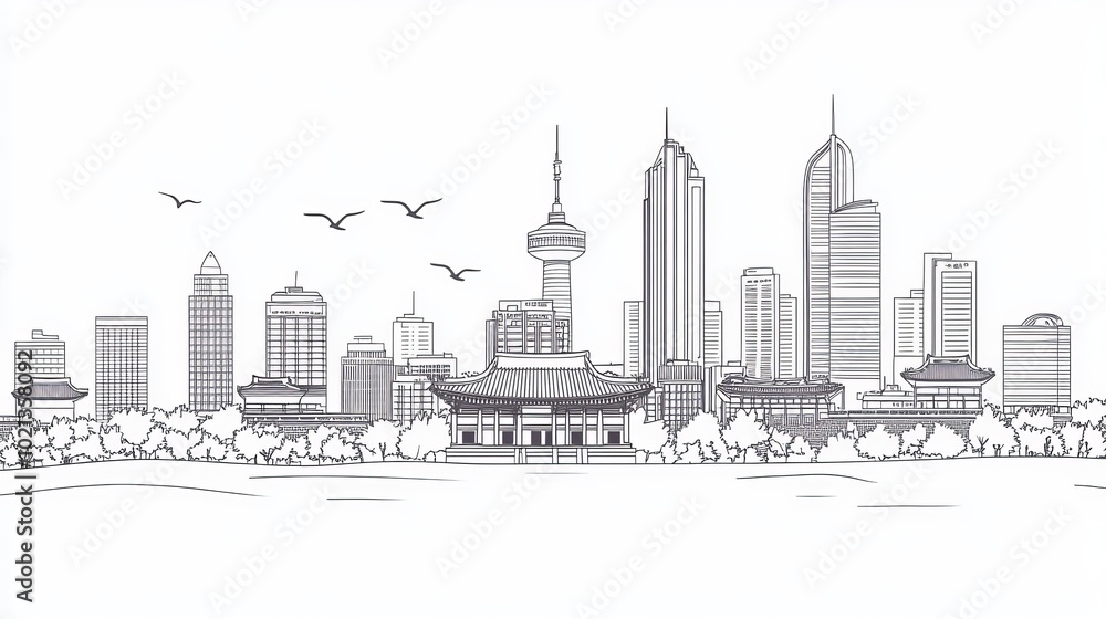 A seamless pattern featuring the outline of the Seoul, South Korea city skyline. Includes modern buildings, isolated against a white background. Vector illustration. A seamless pattern featuring the outline of the Seoul, South Korea city skyline. Includes modern buildings, isolated against a white background. Vector illustration.