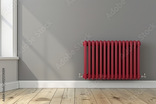 Wallpaper Mural A classic red radiator against a gray wall, placed on a wooden floor, showcasing a clean and modern home interior. The radiator is central to heating in cooler climates Torontodigital.ca