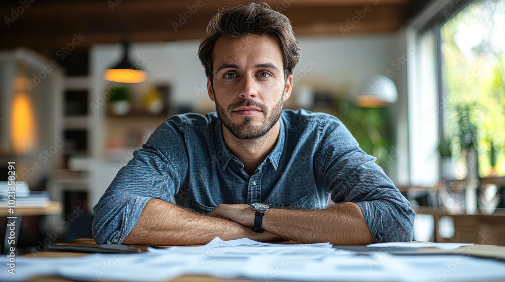 A man in a blue shirt is sitting at a table with papers in front of him A man in a blue shirt is sitting at a table with papers in front of him