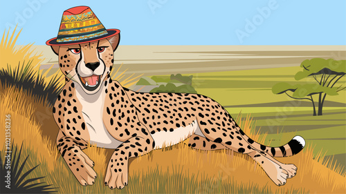 A cheetah with a colorful hat lounging on a grassy hill in an open plain.