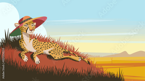 A cheetah with a colorful hat lounging on a grassy hill in an open plain.