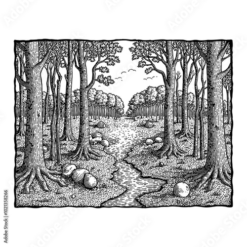 Black and White Outline Line Art Drawing of a Forest Panorama with a Stream and Rocks