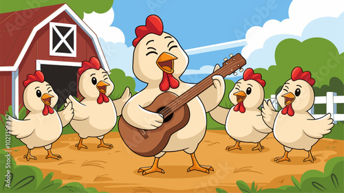 A chicken singing joyfully with other chickens in a lively countryside setting.