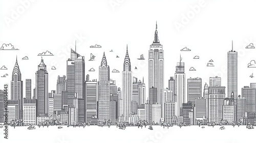 A seamless pattern featuring an outline of the New York City skyline, showcasing modern buildings and iconic landmarks. The vector illustration displays the cityscape in a clean, continuous design