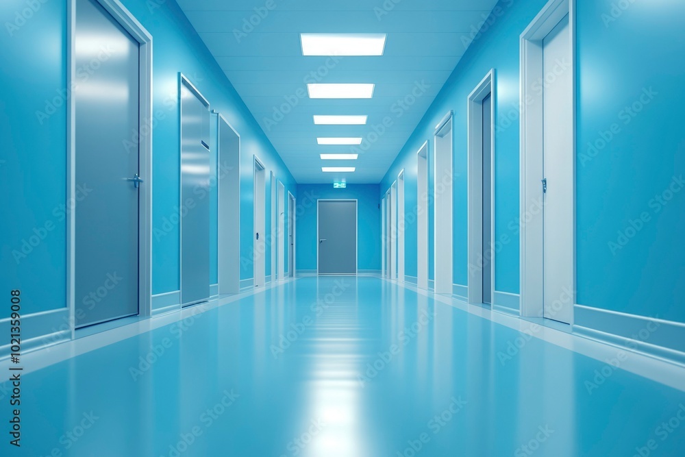 Fototapeta premium Empty Hospital Corridor with Doors and Blue Walls