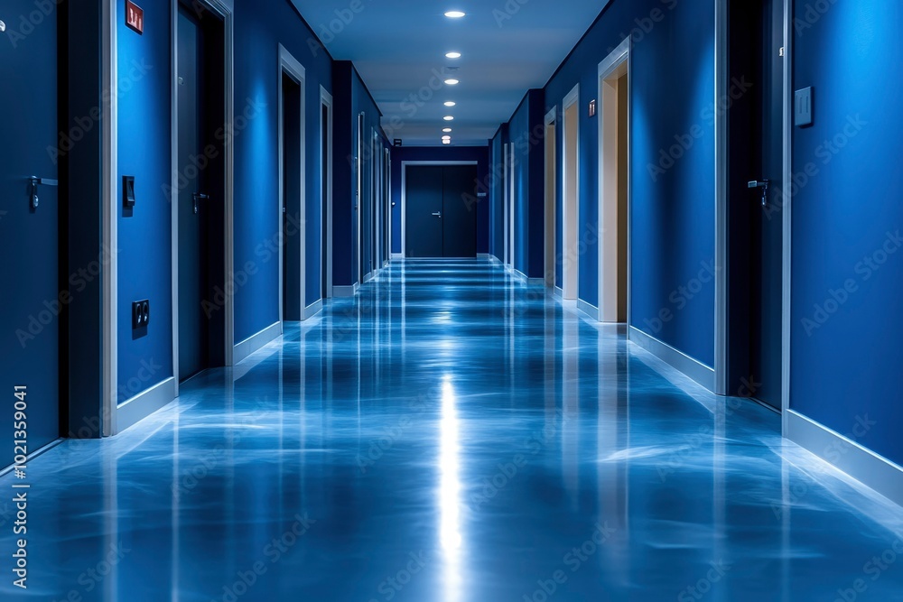Fototapeta premium A Blue Hallway with a Shiny Floor and Doors on Either Side