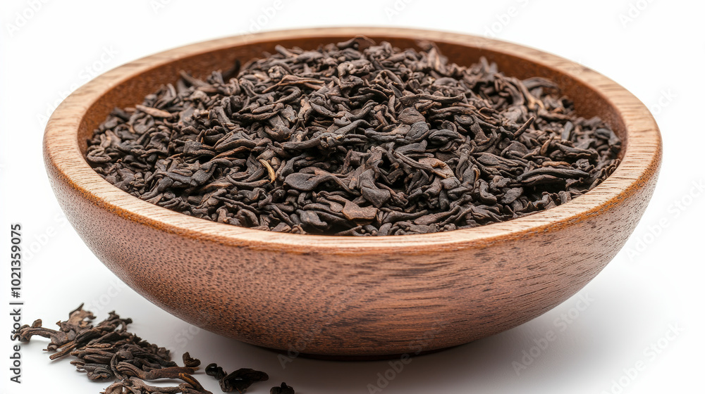 A wooden bowl filled with loose, dried black tea leaves, perfect for brewing aromatic and flavorful tea. A few leaves are scattered nearby. A wooden bowl filled with loose, dried black tea leaves, perfect for brewing aromatic and flavorful tea. A few leaves are scattered nearby.