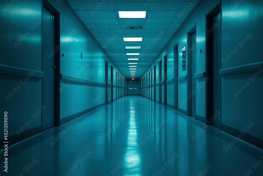 A Long, Empty Hallway with Doors on Each Side A Long, Empty Hallway with Doors on Each Side