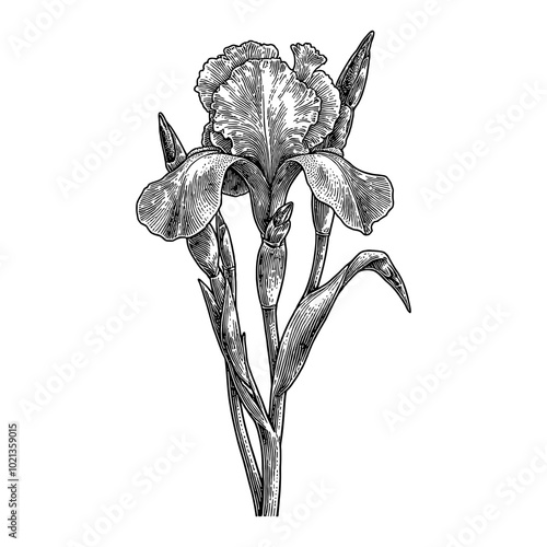 Black and White Outline Line Art Drawing of Iris Flowers in Vintage Style