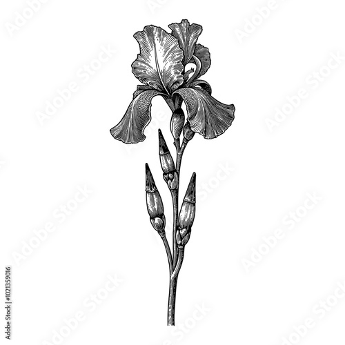 Black and White Outline Line Art Drawing of Iris Flower with Buds