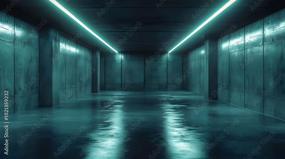Concrete Corridor with Neon Lights 3D Render