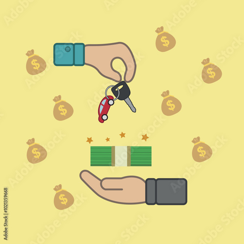 He had a cars key which Sale of the car and transfer of money bank from hands, exchange between the car and the customer's money vector illustration character flat design. 