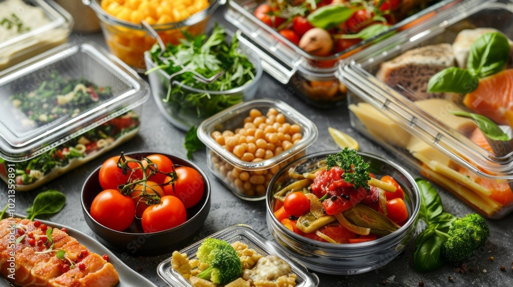 A table full of food in clear containers, including tomatoes, broccoli A table full of food in clear containers, including tomatoes, broccoli