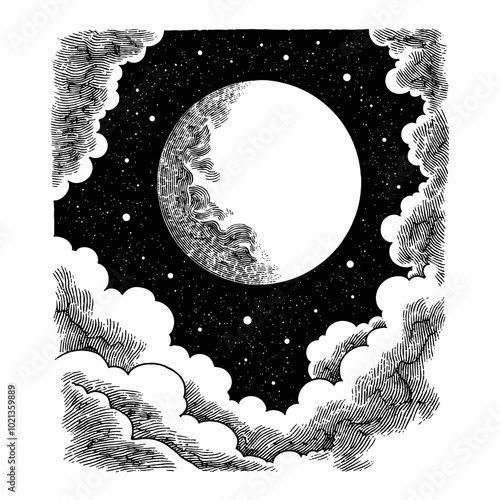 Black and White Outline Line Art Drawing of Moon in Night Sky with Clouds