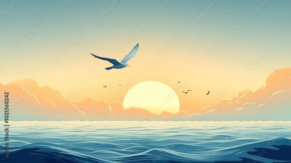 Fototapeta premium Serene Bird Soaring Above Ocean in Minimalist Anime Vector Illustration with Playful Color Palette and Clean Lines