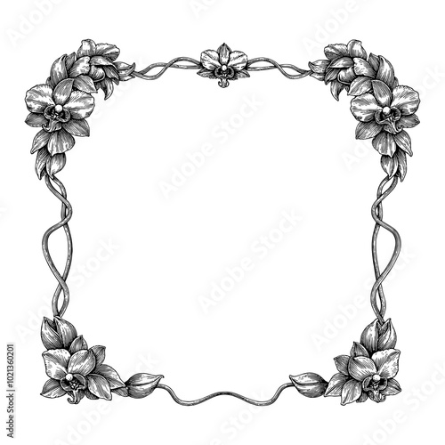 Square Frame with Orchid Flowers in Black and White Outline Line Art Drawing