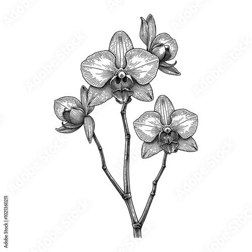 Black and White Outline Line Art Drawing of Orchid Flowers in Vintage Style