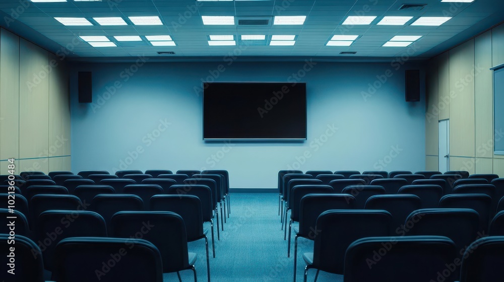 Fototapeta premium An empty professional conference room with a large screen TV, waiting for a meeting to start