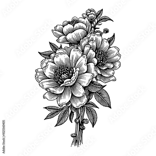 Wallpaper Mural Black and White Outline Line Art Drawing of Peony Flowers with Stem, Leaves and Buds Torontodigital.ca