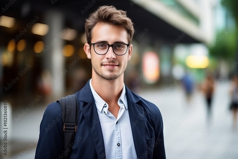 Portrait of a handsome young man wearing glasses, standing in the city Portrait of a handsome young man wearing glasses, standing in the city