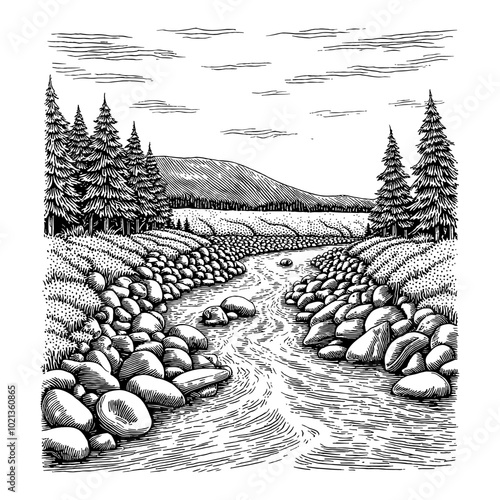 Black and White Outline Line Art Drawing of a Rocky River Winding Through a Forest Landscape