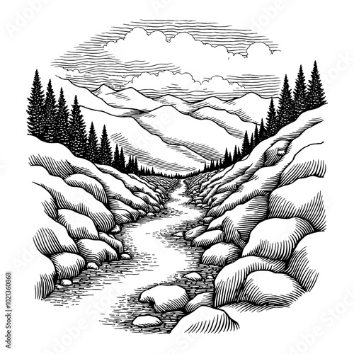 Black and White Outline Line Art Drawing of a River with Rocks in the Mountain Valley