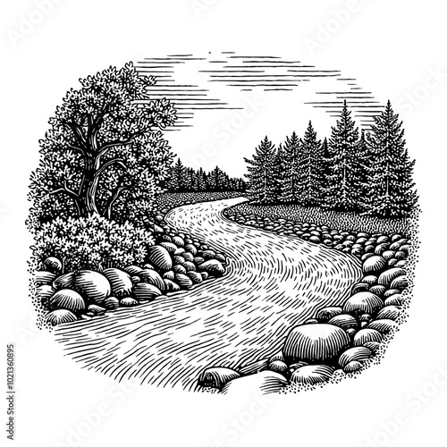 Black and White Outline Line Art Drawing of Winding River with Rocks and Trees