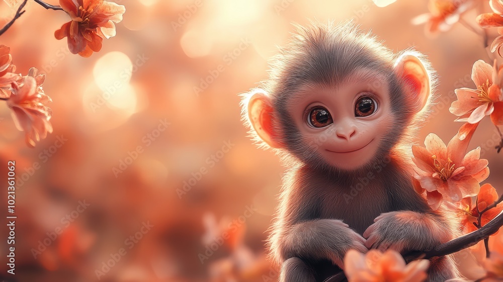 Fototapeta premium Cute Monkey Surrounded by Pink Blossoms