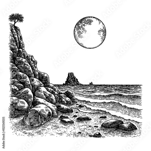 Black and White Outline Line Art Drawing of a Rocky Sea View with Full Moon