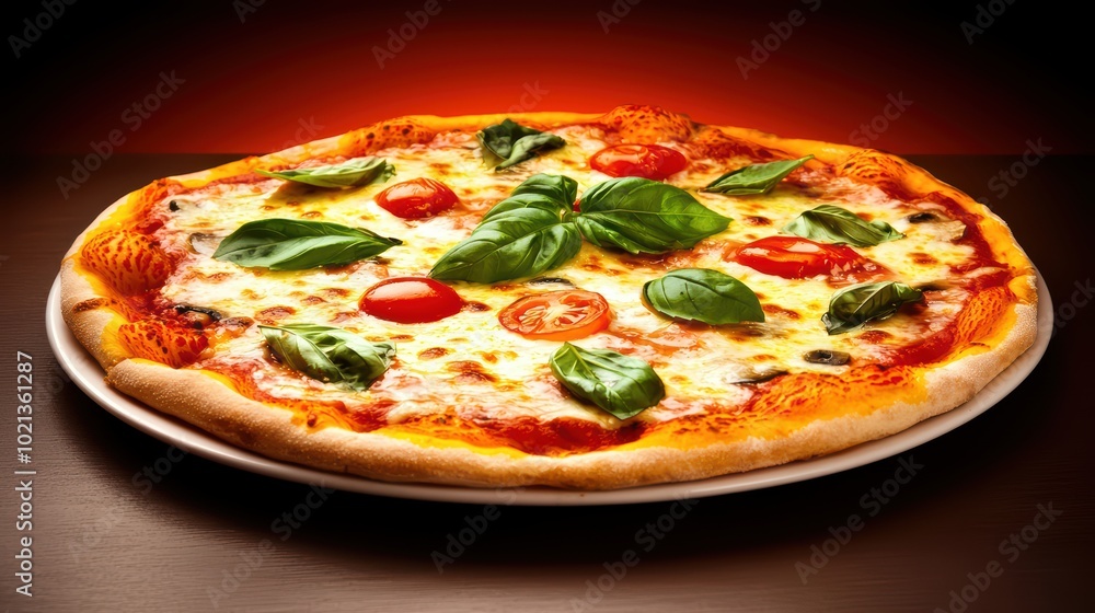 Freshly baked pizza with basil and cherry tomatoes on a wooden table. Freshly baked pizza with basil and cherry tomatoes on a wooden table.