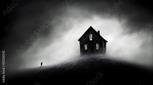 Haunted house in the distance its broken windows and crumbling walls silhouetted against a stormy sky captured in a gritty high contrast black and white film style reminiscent of Gothicism photo