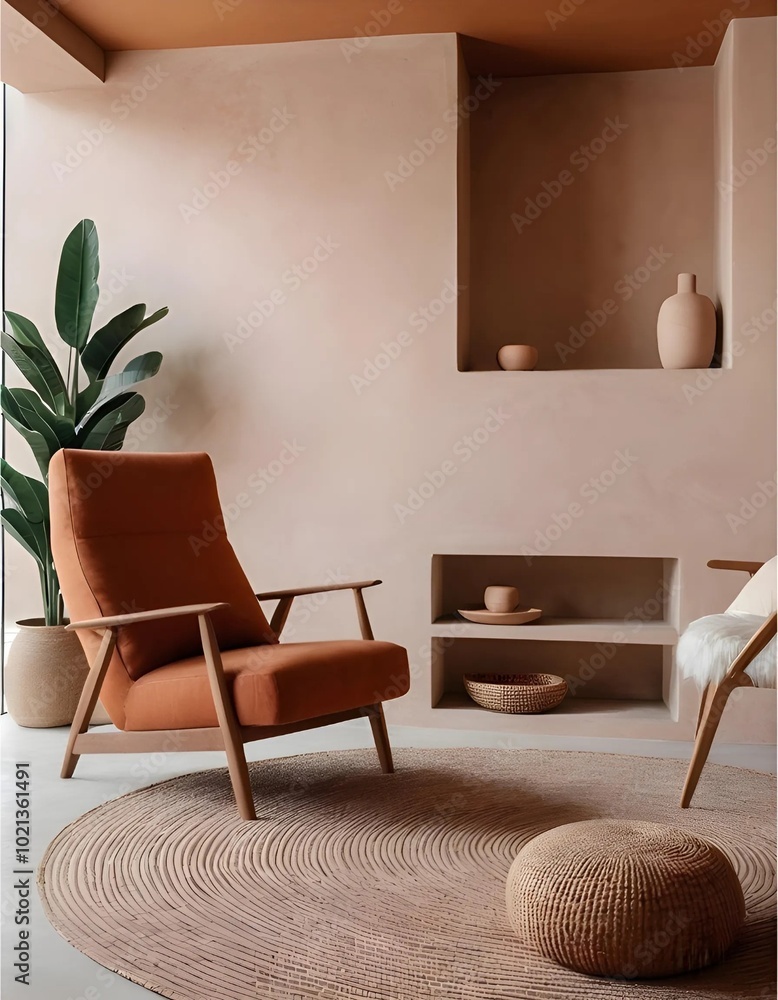 Terra cotta accent armchair in spacious room with steps and stucco wall. Minimalist, japandi interior design of modern living room. Terra cotta accent armchair in spacious room with steps and stucco wall. Minimalist, japandi interior design of modern living room.
