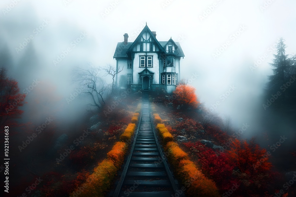 Haunted Mansion Looming in the Mist Gloomy Gothic Oil Painting Landscape with Dilapidated Facade Overgrown Garden and Sense of the Supernatural Haunted Mansion Looming in the Mist Gloomy Gothic Oil Painting Landscape with Dilapidated Facade Overgrown Garden and Sense of the Supernatural
