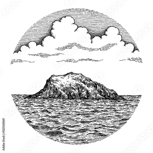 Black and White Outline Line Art Drawing of Island in Sea with Clouds in the Sky