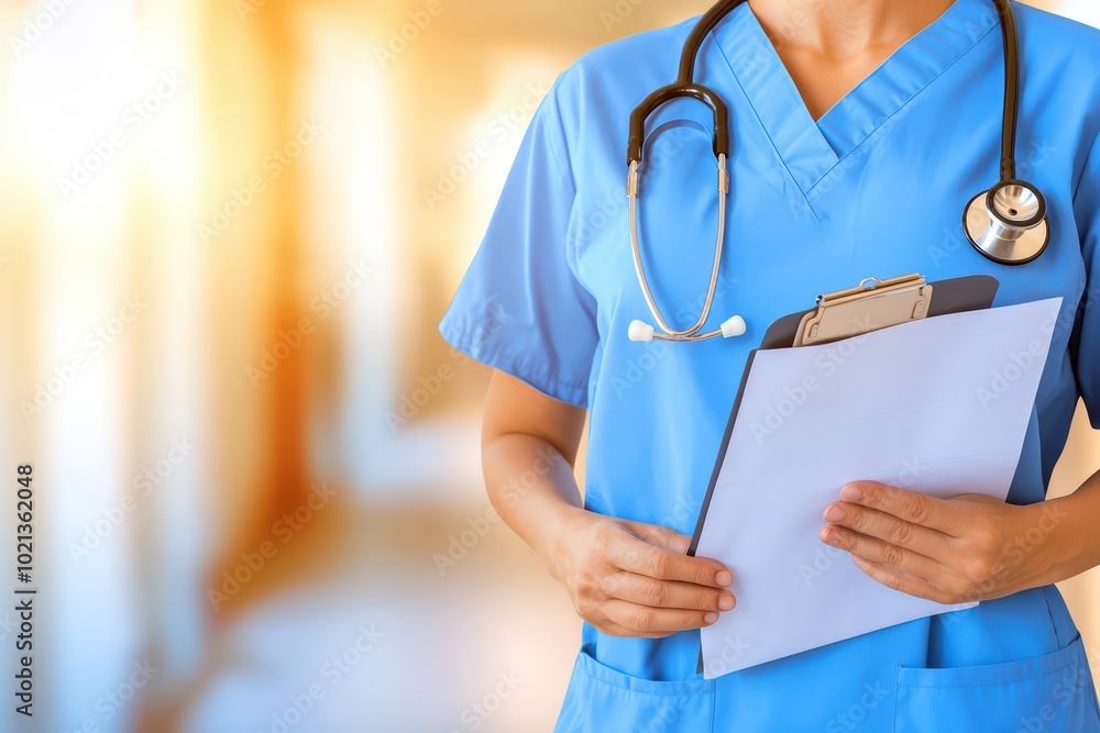 Healthcare professional holding a clipboard in a hospital corridor. Healthcare professional holding a clipboard in a hospital corridor.