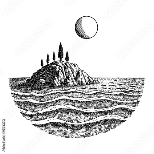 Black and White Outline Line Art Drawing of Island with Trees and Moon in the Sea