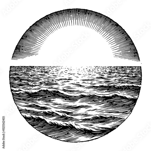 Black and White Outline Line Art Drawing of Sea with Sun Rise and Ocean Waves