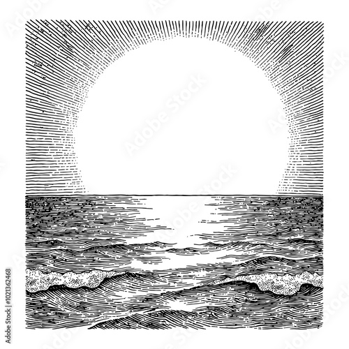 Sea with Sun Set Black and White Outline Line Art Drawing Engraving Illustration