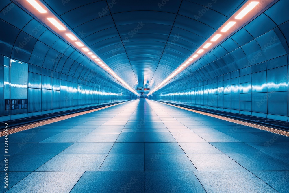 Empty Subway Tunnel with Tile Floor and Overhead Lighting Empty Subway Tunnel with Tile Floor and Overhead Lighting