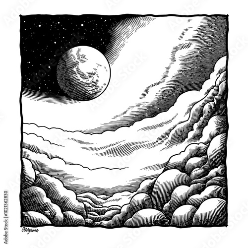 Black and White Outline Line Art Drawing of Mars Planet View from Clouds with Stars