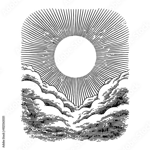 Black and White Outline Line Art Drawing of Sun Shining Through Clouds with Rays in Retro Style