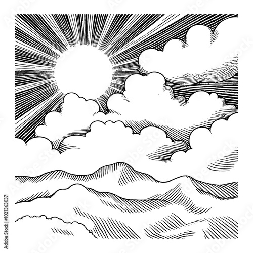 Black and White Outline Line Art Drawing Sun in the Bright Sky with Clouds, Mountains Landscape Engraving Sketch Illustration